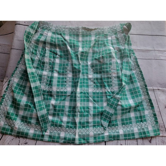 Vintage Green Checked Plaid Half Waist Arpon Great Details Countrycore Farmhous - Picture 2 of 14